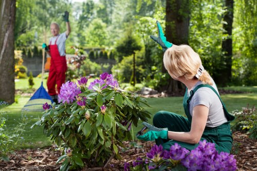 Landscaping team preparing a garden project with tools and materials